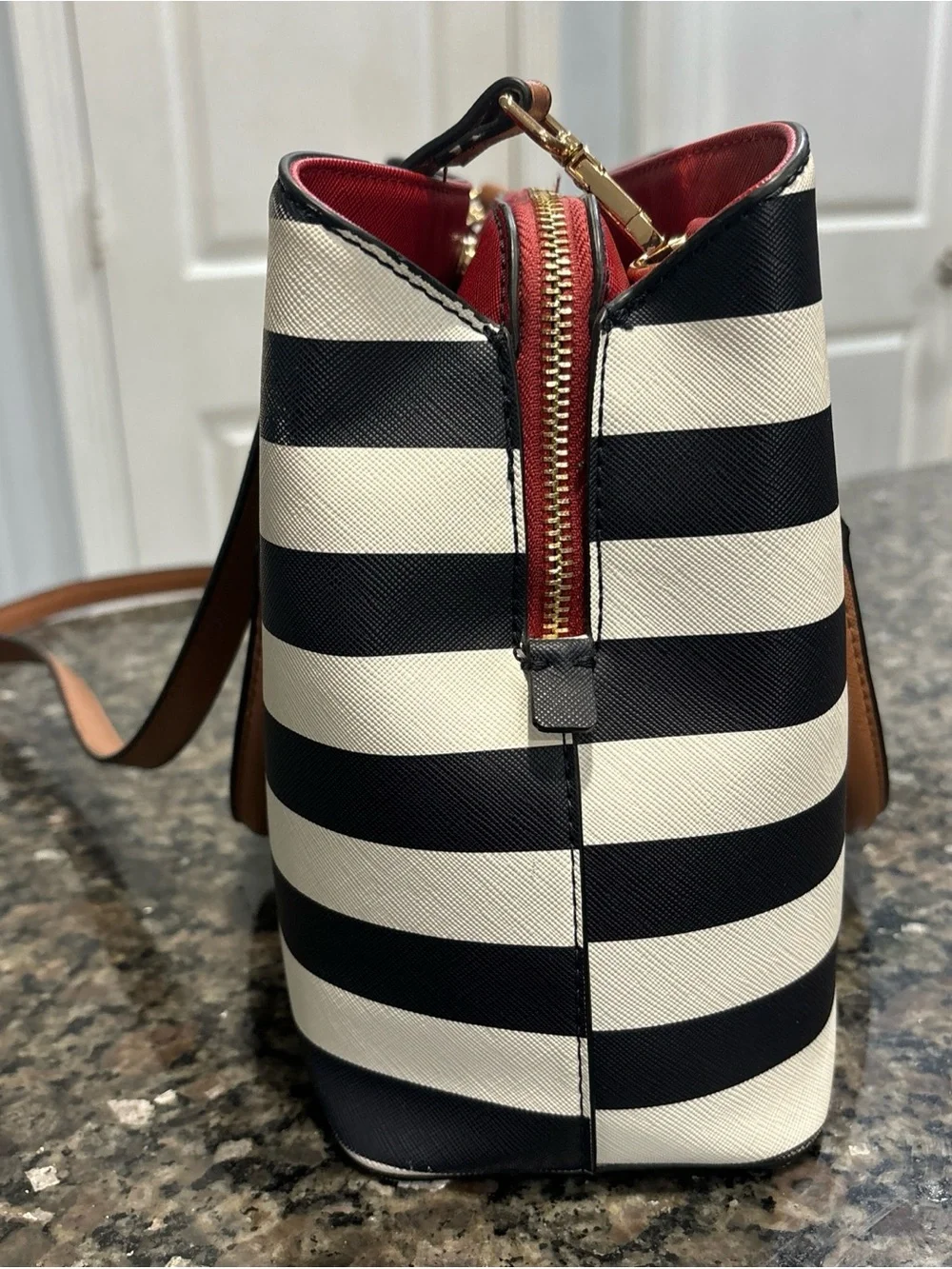 Aldo Navy & White Striped Satchel with Tan Handles